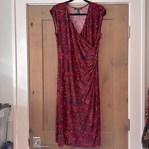 Lauren Ralph Lauren Faux Wrap Rouched Dress Womens L floral Fall Career office